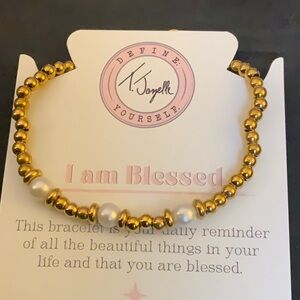 I Am Blessed Gold Beaded Bracelet with Pearl Accents by